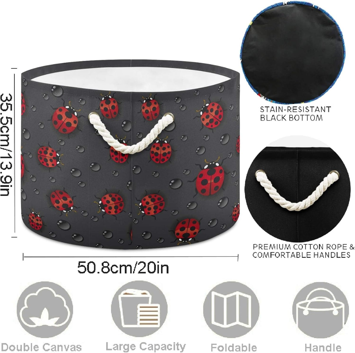 visesunny Cute Ladybug Pattern Laundry Baskets Fabric Storage Bin Storage Box Collapsible Storage Basket Toy Clothes Shelves Basket for Bathroom,Bedroom,Nursery,Closet,Office