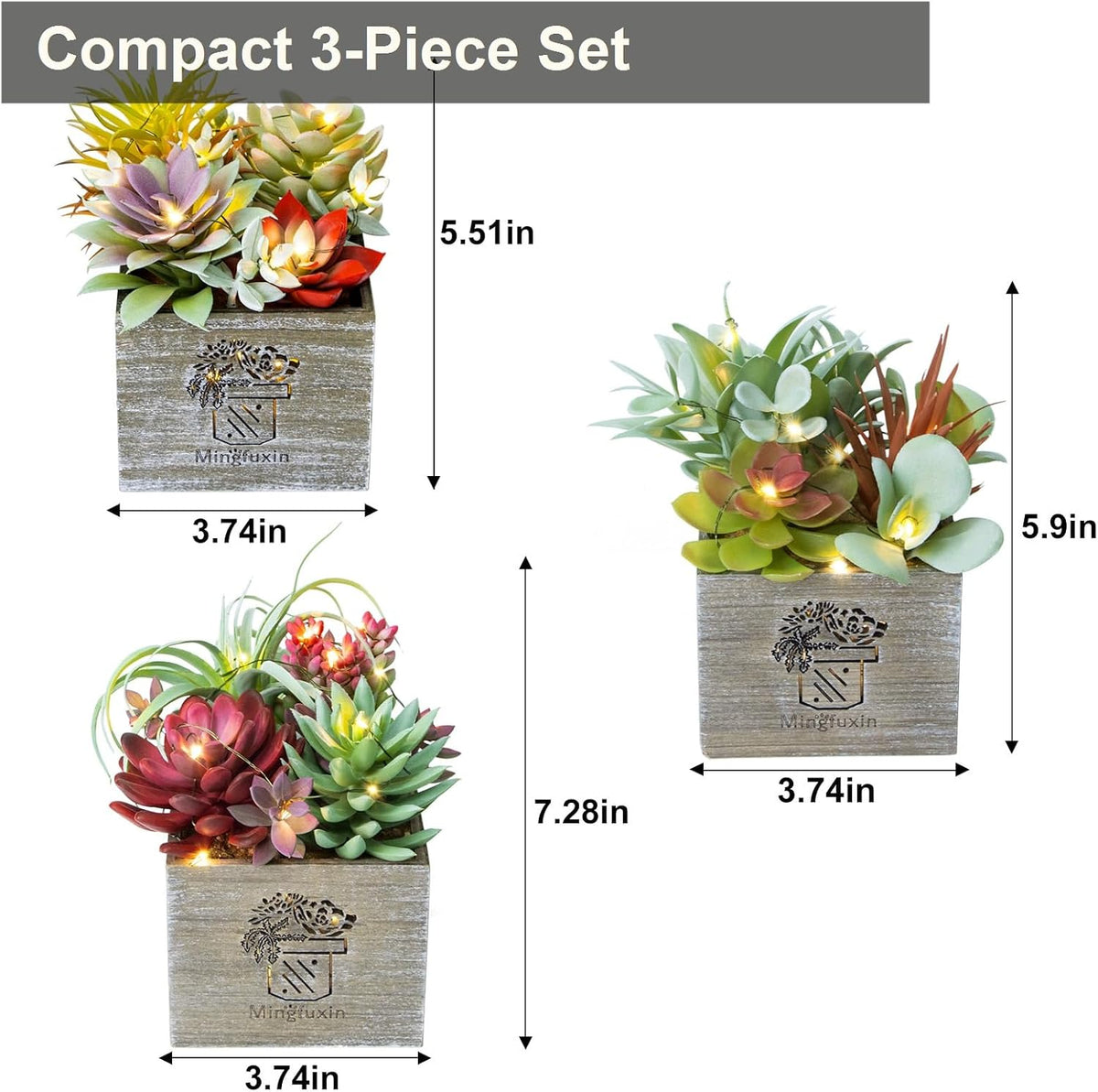 Succulents Plants Artificial with Light for Home Office Decor 3 Pack