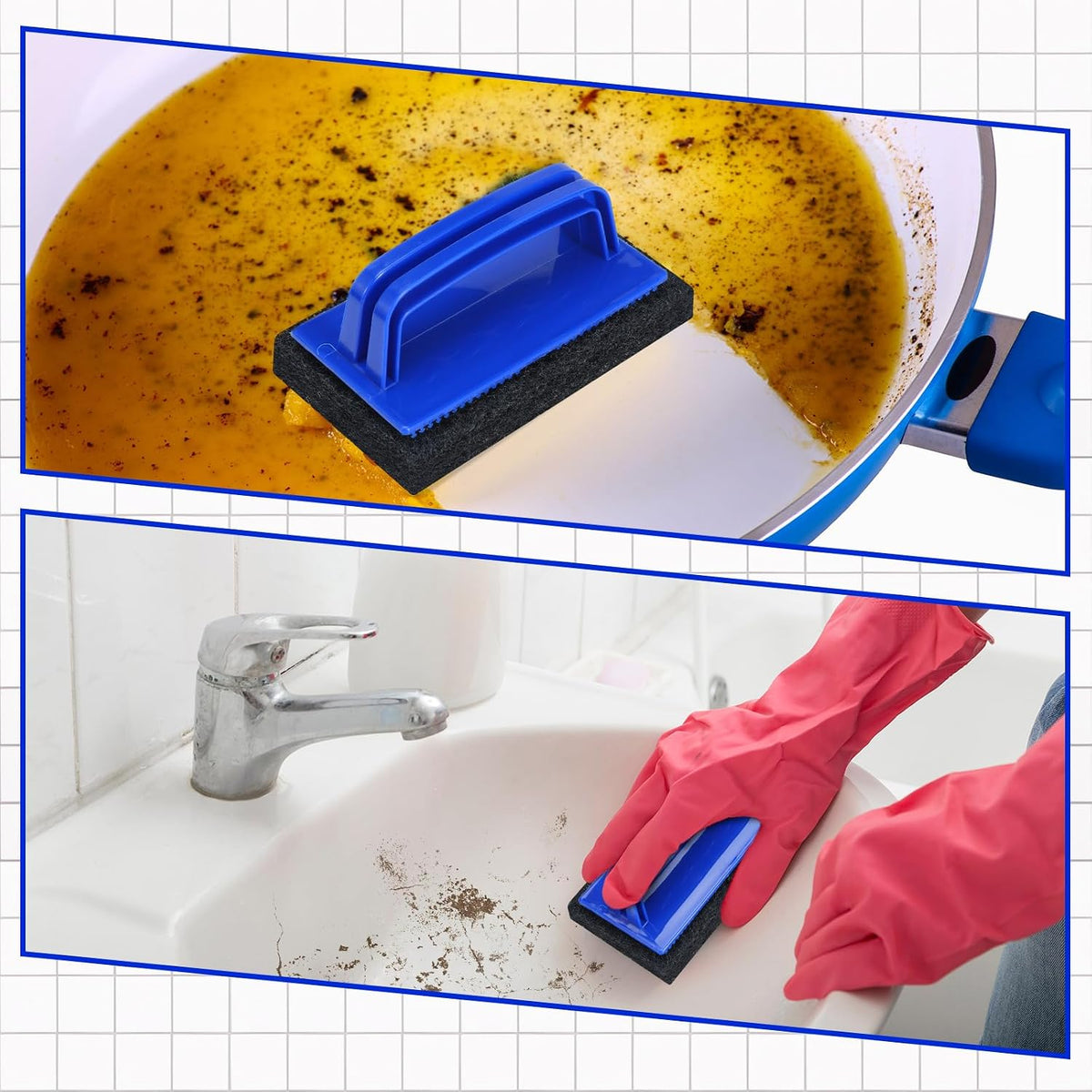 Maxdot 18 Pcs Sponges with Handle Scrub Pad for Tile, Blue and Black
