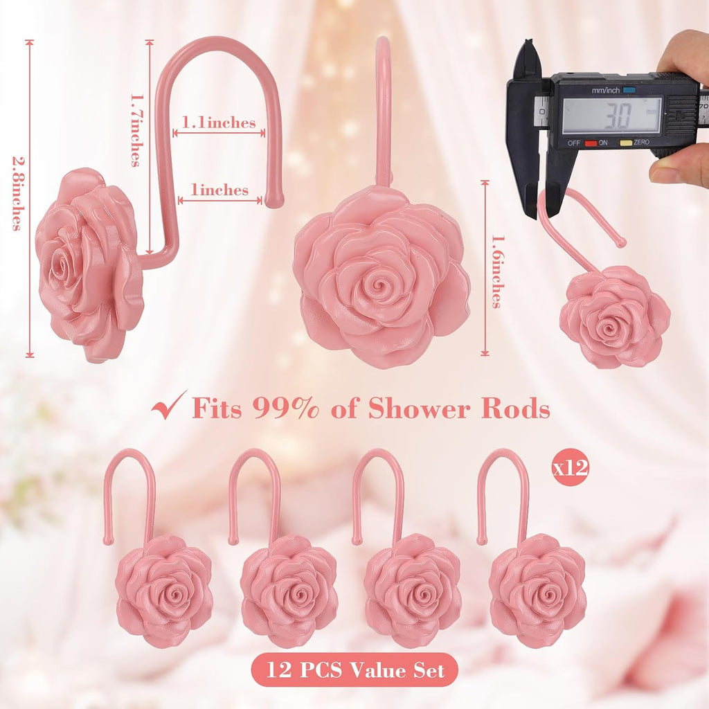 Metal Rose Shower Curtain Hooks, Rust-Resistant Hooks for Shower Curtain Rods, Set of 12, Beautiful Floral Rose Design Bathroom Decoration Hooks (Pink)