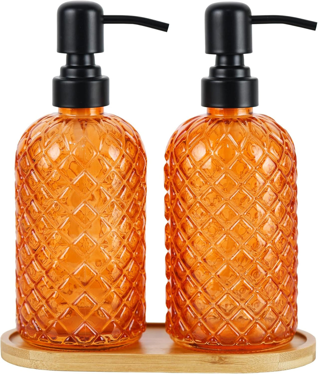 12Oz Glass Soap Dispenser with 304 Black Rustproof Stainless-Steel Pump, Refillable Glass Soap Dispenser for Kitchen, Bathroom, Farmhouse (2pack& Tray)