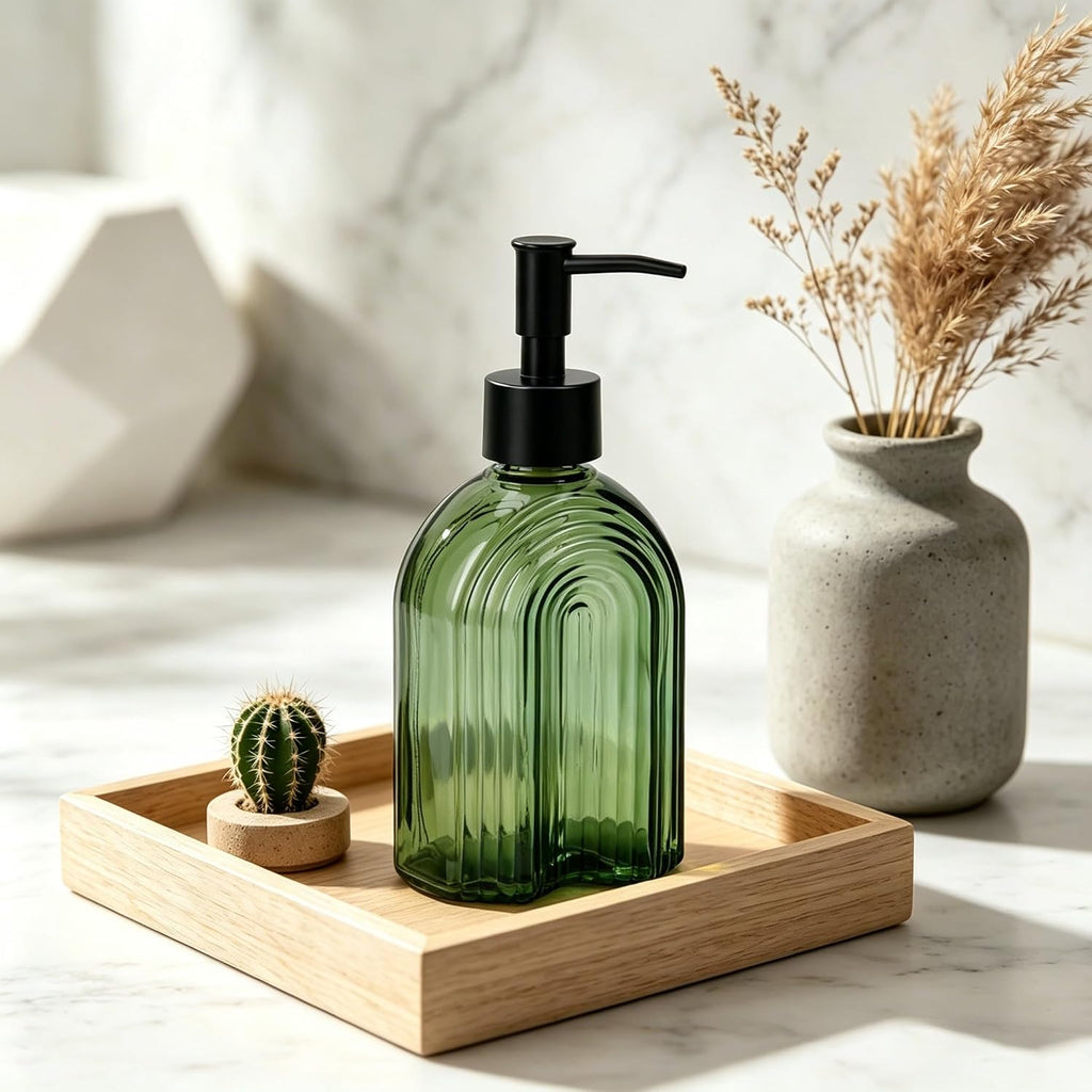 YYTSGG Black Pump Glass Soap Dispenser, 12oz, Green Stripe