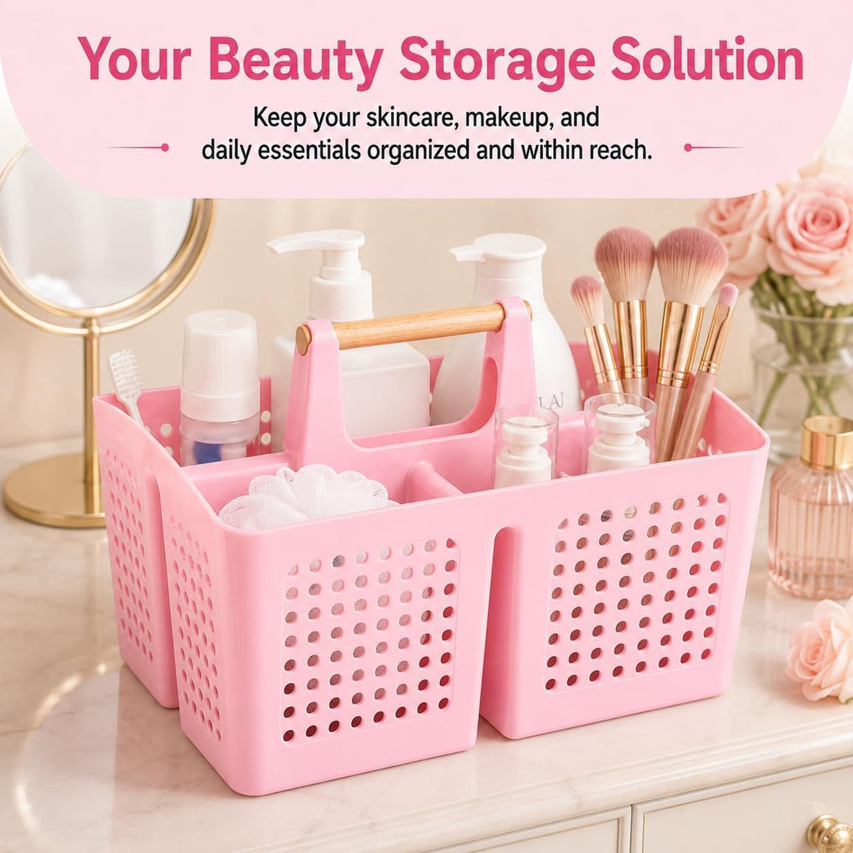 Portable Shower Caddy Basket with 3 Compartments and Handle, Caddy Pink