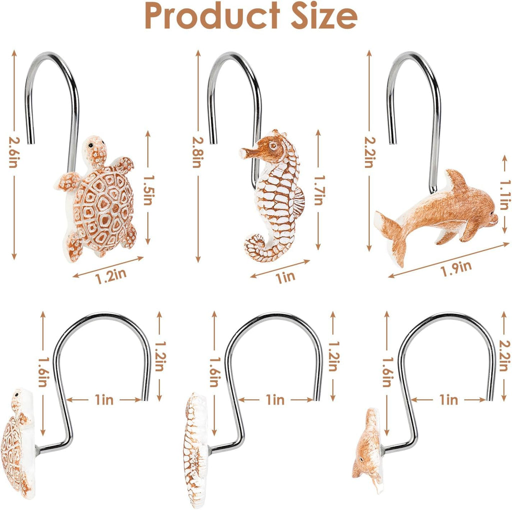 Seashell Shower Curtain Hooks, 12Pcs Decorative Anti-Rust Shower Hooks, Coastal Style Curtain Hooks for Bathroom Nursery Bedroom Living Room Decoration (Turtle Starfish Dolphin)
