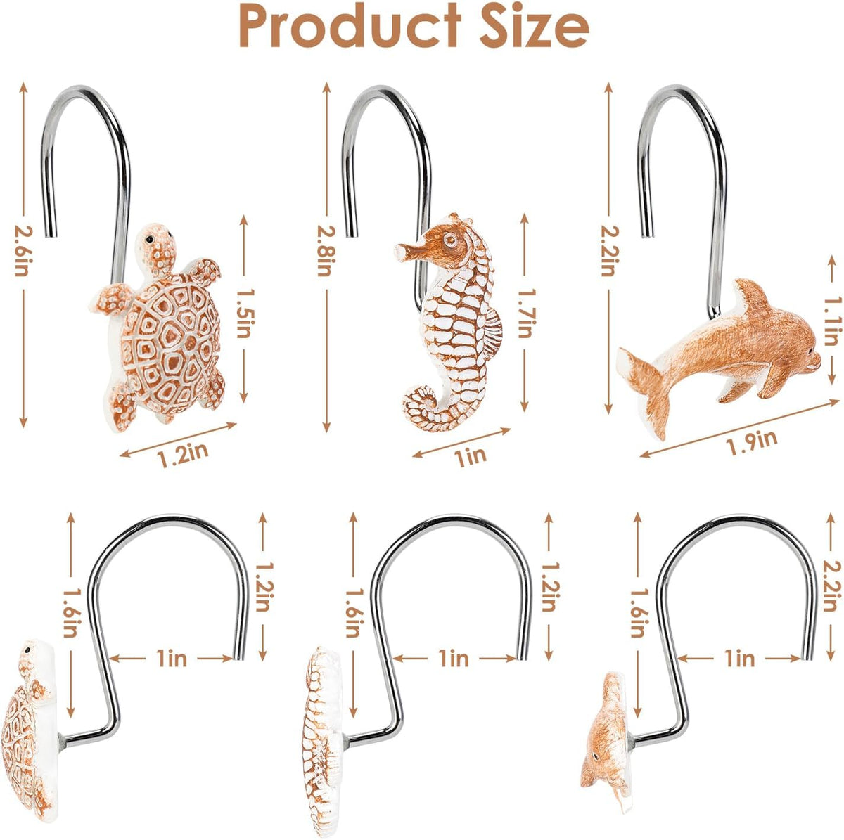 Seashell Shower Curtain Hooks, 12Pcs Decorative Anti-Rust Shower Hooks, Coastal Style Curtain Hooks for Bathroom Nursery Bedroom Living Room Decoration (Turtle Starfish Dolphin)