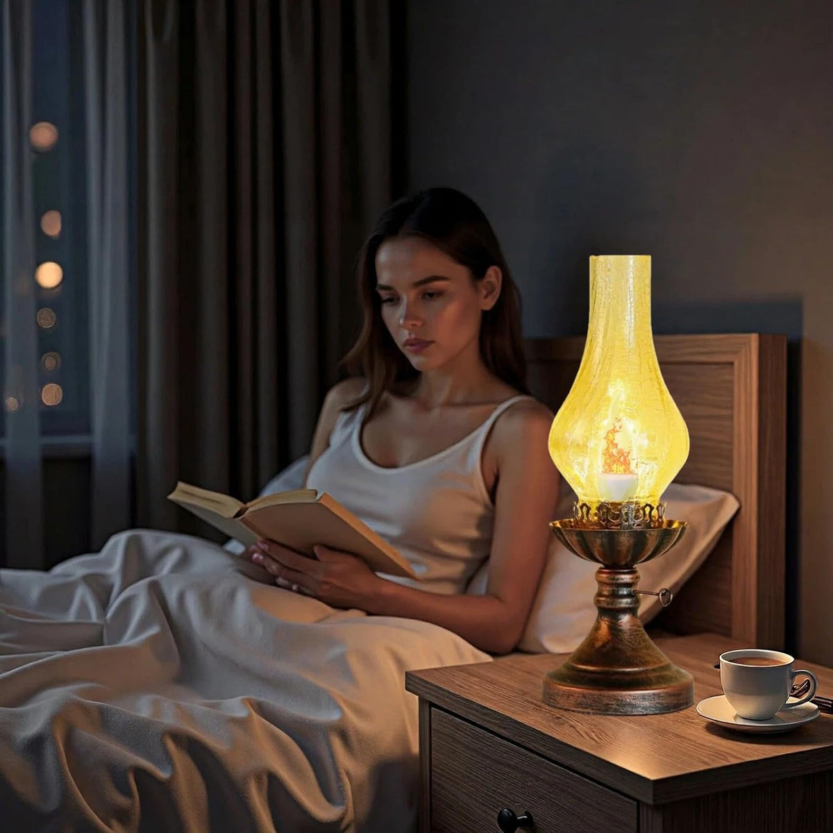 Vintage Table Lamp - 3 - Mode Dimmable Retro Rustic Desk Lamp with Crackle Glass Shade, Antique Victorian Western Style, E26 Bulb Included, Ideal for Bedroom, Living Room, Home Decor (Yellow Glass)