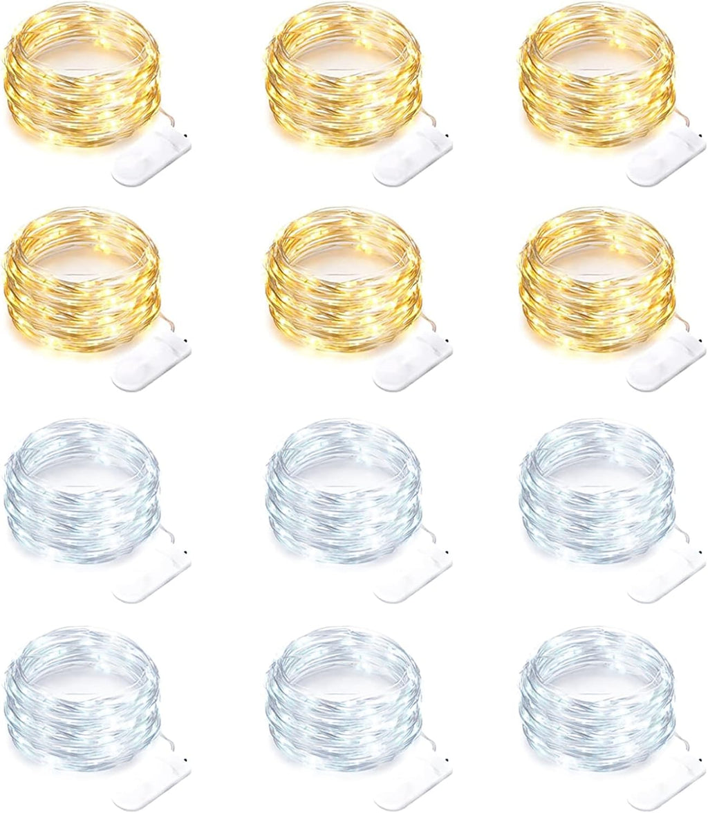 Yiaht 12 Pack Fairy Lights Battery Operated String Lights 7 Feet 20 Led Waterproof Christmas Lights Silver Wire Firefly Starry Moon Lights for Bedroom DIY Party WW+WT
