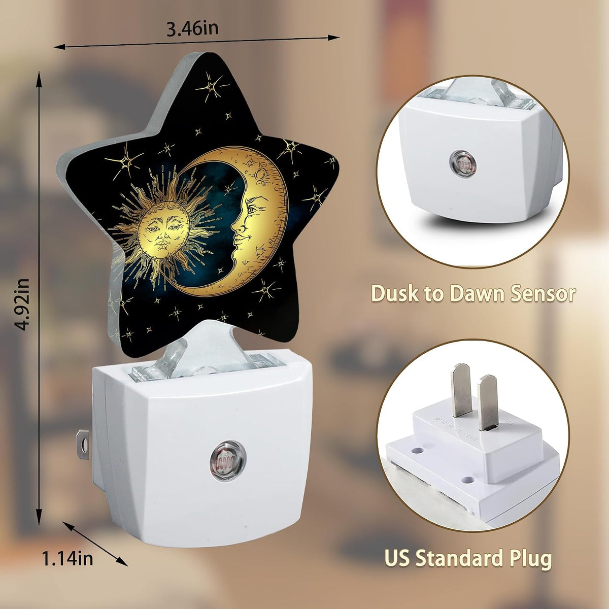 Celestial Moon Golden Sun Night Light Plug-in Dusk to Dawn Smart Sensor White Led Nightlight for Bedroom Bathroom Kitchen Hallway Stairs Energy Efficient Decor Desk Lamp