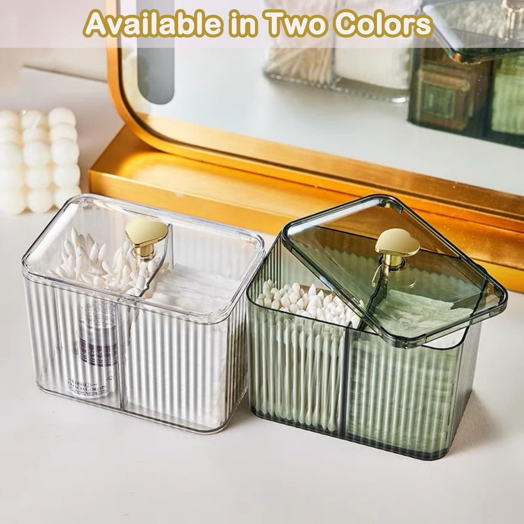 1 Pack 3-Section Clear Qtip Holder with Dustproof Lid, Bathroom Cotton Ball and Qtip Organizer, Cotton Swab Container for Vanity Canisters Jars for Countertop Storage and Organization (Clear-Green)