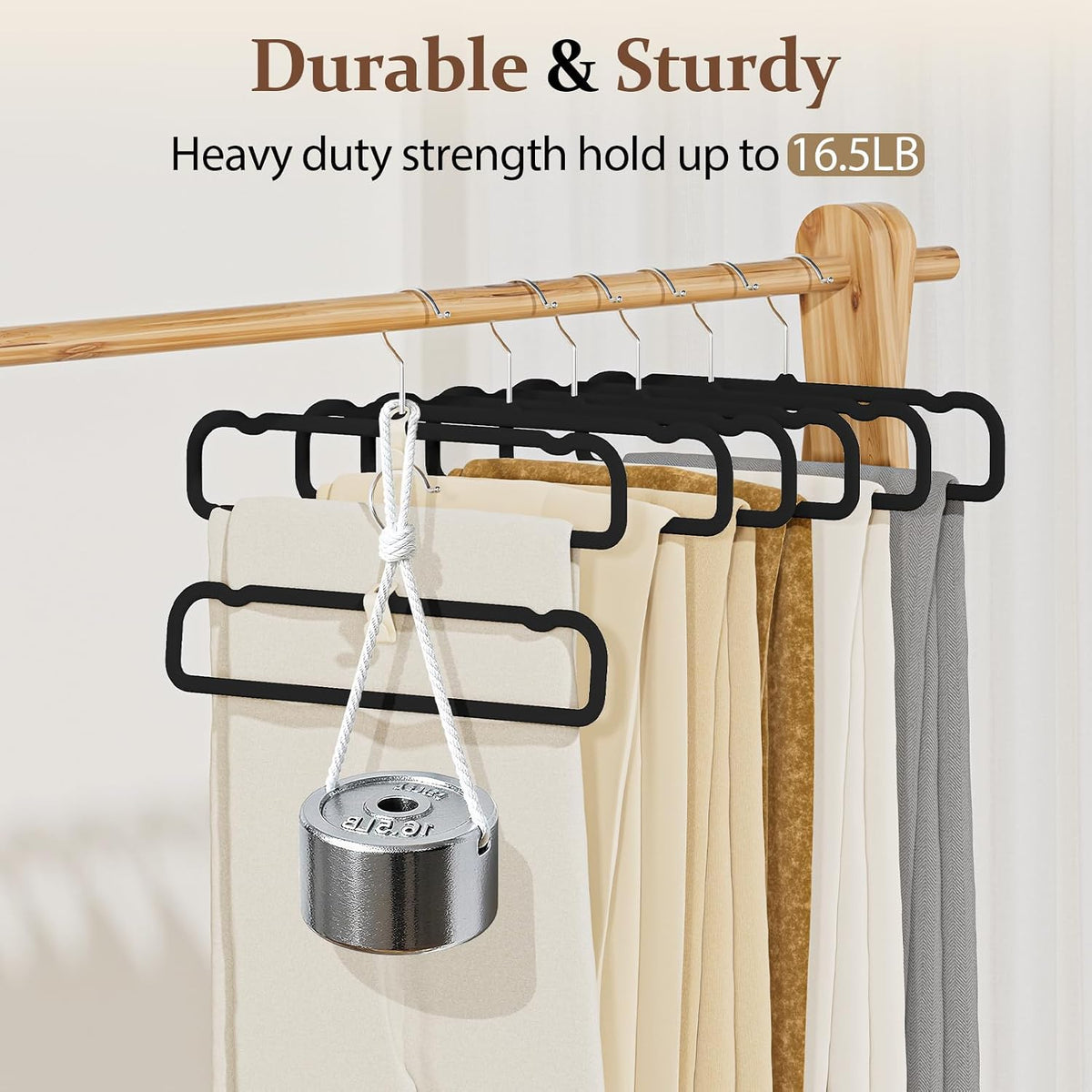 Velvet Felt Pants Hangers 30 Pack, with Cascading Hooks (Black)