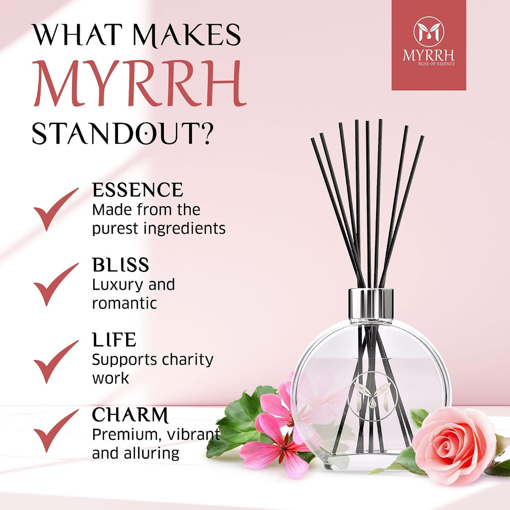 English Roses Scented Reed Diffuser Set with 8 Rattan Diffuser Sticks, 150 ml, All Natural Air Freshener, Long-Lasting Diffusers at Home - MyrrhUSA