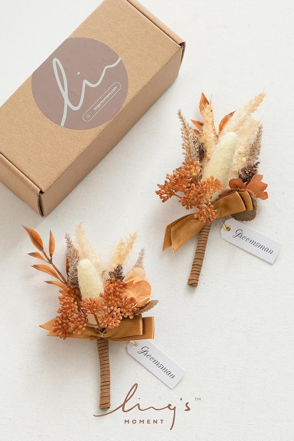 Ling's moment Boutonniere for Men, 2pcs, Rust Boho Terracotta