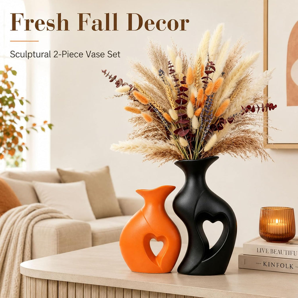 Fall Ceramic Vases Heart Shaped Vase Set of 2 (Orange & Black)