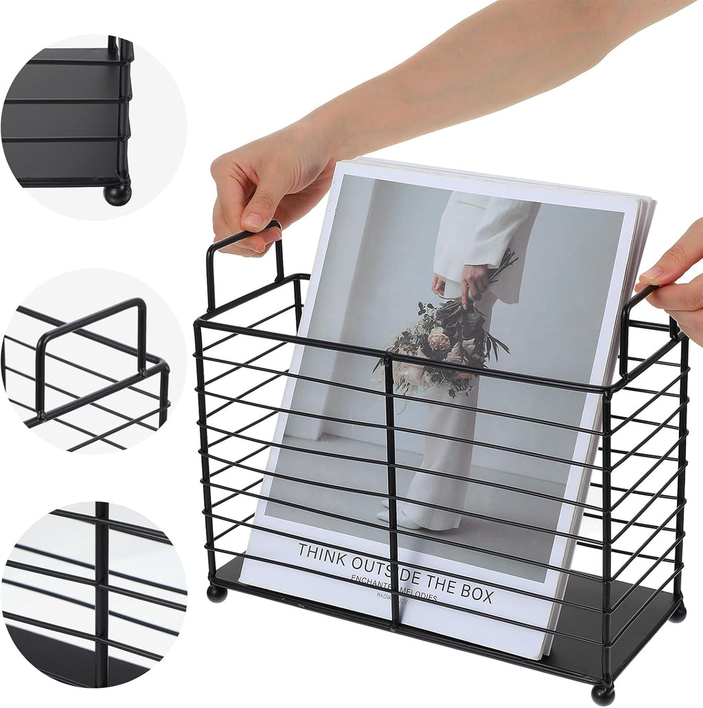 Metal Magazine Rack Floor, Wire Magazine Rack Storage Organizer with Handles - Iron Wire Black Folder Stand Holder for Home Office Bathroom Bedroom Living Room