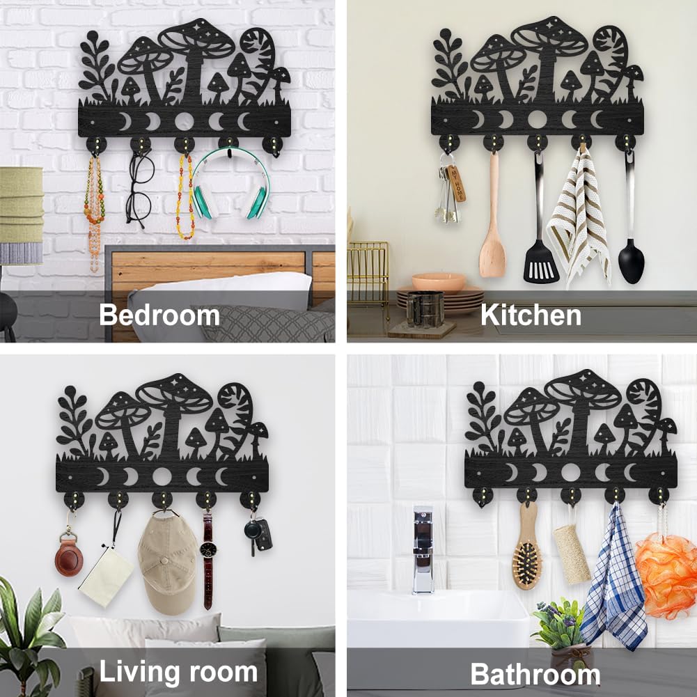 MAYJOYDIY Mushroom Moon Phases Key Holder Wall Mounted Wood Fall Wall Key Hooks 11.8×7.9inch Moon Star Grass Key Hanger Decorative for Gift Living Room Kitchen Office