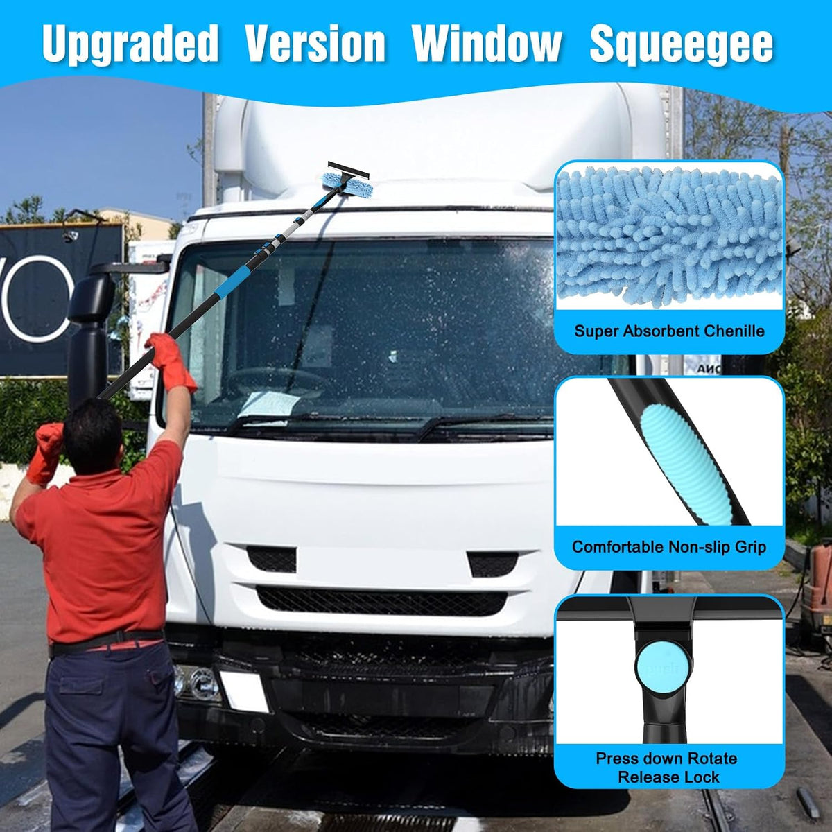 30FT Reach Window Squeegee Kit with Extension Pole, 2-in-1 Professional Washer for High Windows, 5-24FT Adjustable Reach, Rotatable Head for Indoor & Outdoor Use, Streak-Free Cleaning Tool for Home