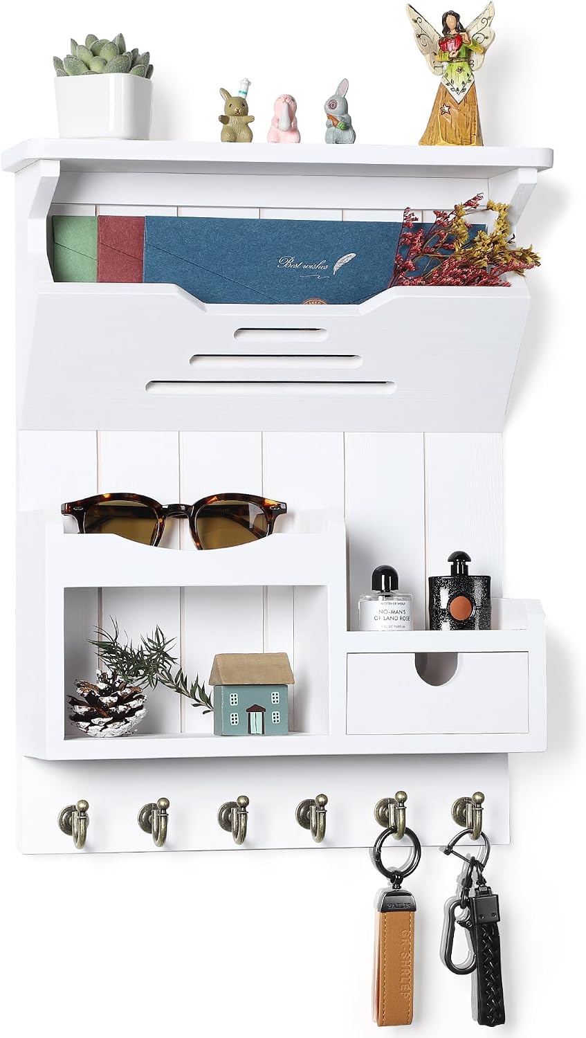 DOPACE Handcrafted Pine Wood Mail Organizer & Key Holder, White