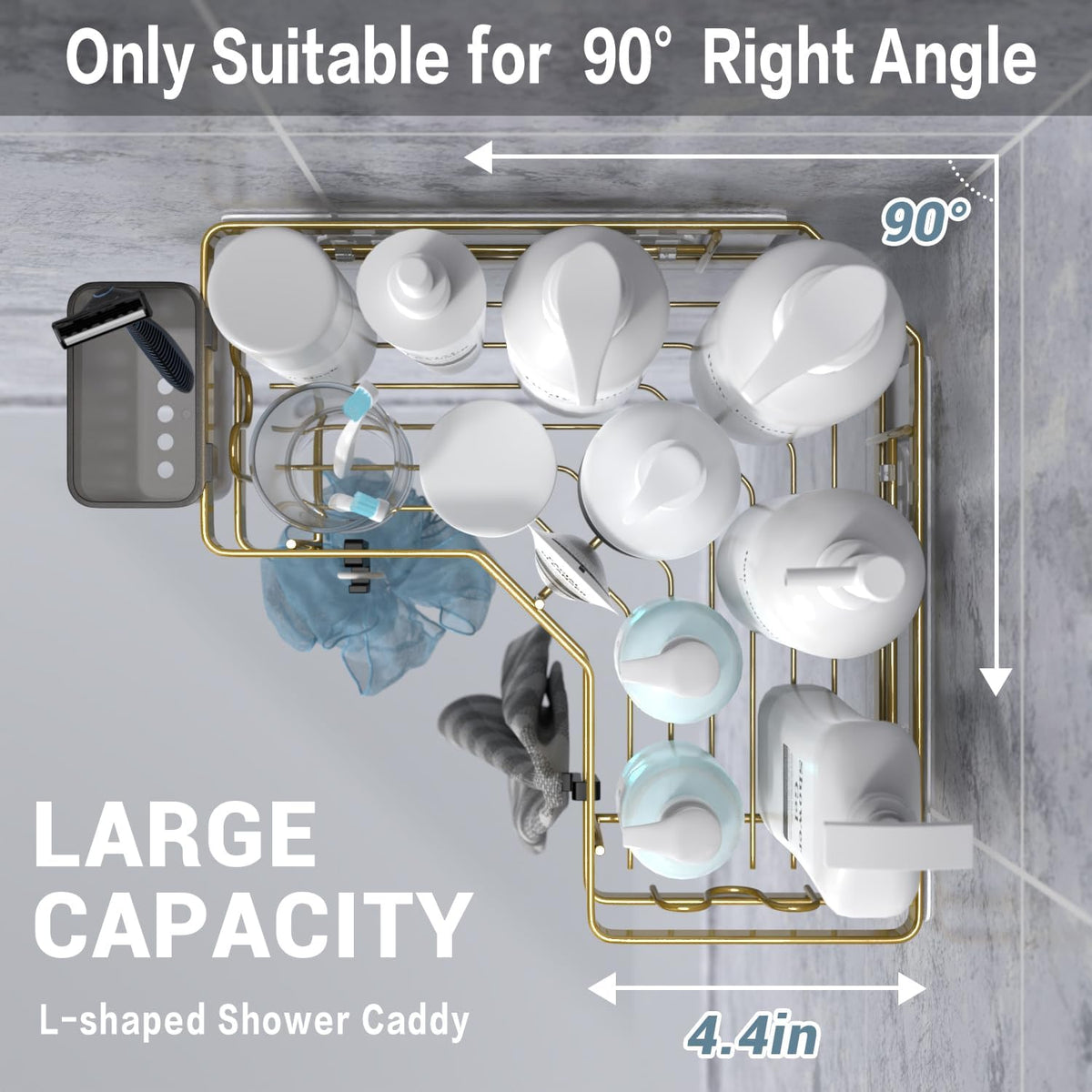 AKTECKE Corner Shower Caddy Organizer Shelf: 2Pack Adhesive Shower Rack, No Drilling Stainless Steel Shower Storage Shelves for Bathroom Kitchen (Gold)