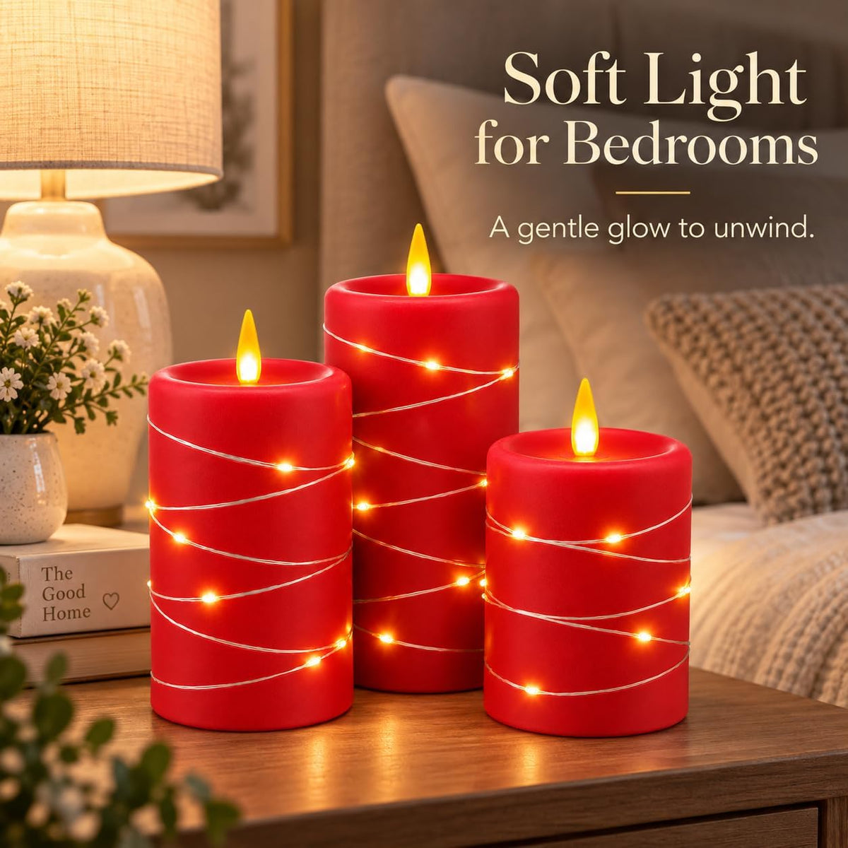 Upinmz RED Flameless Candles with Fairy Lights, Battery Operated, Set of 3