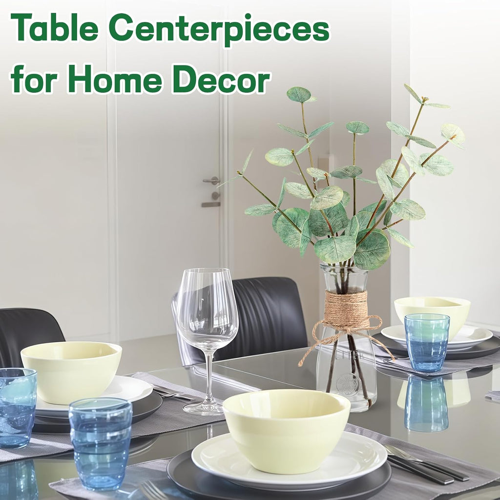 Artificial Eucalyptus Stems in Glass Vase with Faux Water, 15" Realistic Fake Plants for Bathroom Counter Decor, Small Faux Greenery for Coffee Table Centerpieces, Office Desk and Shelf Decor