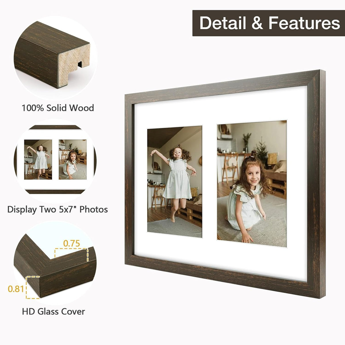 Golden State Art 11x14 Dark Brown Wood Frame - for Two 5x7 Pictures, 1 Pack