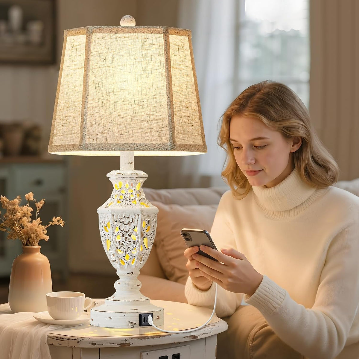 EJIAXIN Lamps for Night Stands Set of 2-23.5" Boho Bedside Lamp with USB A+C and Nightlight - Cream Rustic Carved Resin Farmhouse Table Lamp for Bedrooms, End Tables, Living Room, Bulbs Included
