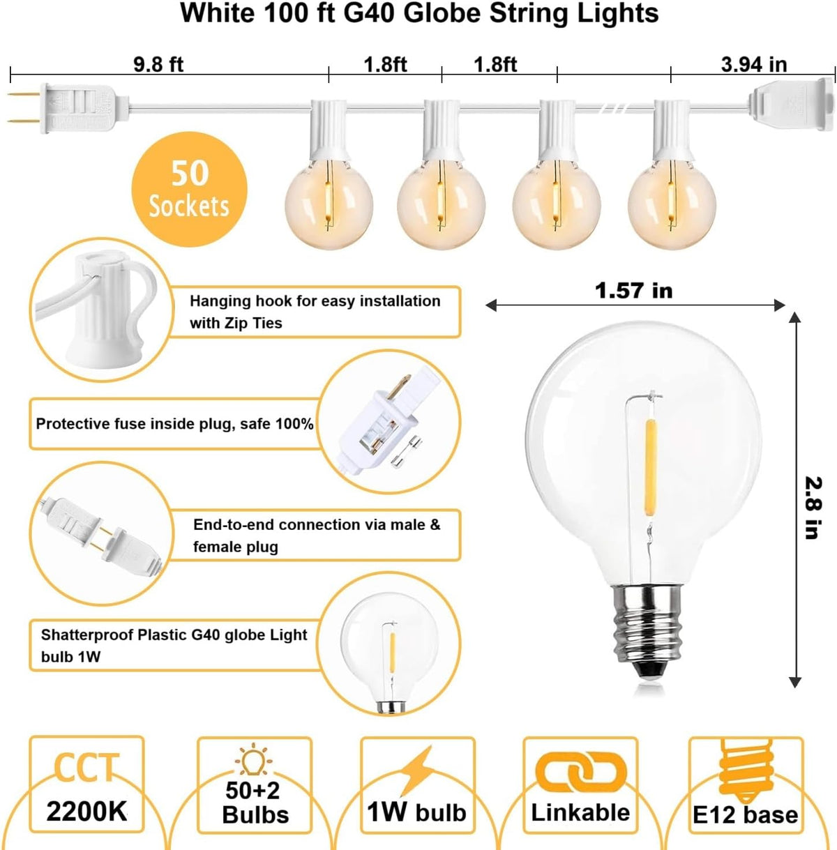 White String Lights Outdoor 100FT G40 Globe String Lights White Cord, 50+2 Spare Replaceable Bulbs, for Patio Backyard Gazebo Porch, Connectable, Zip Ties Included, White Wire