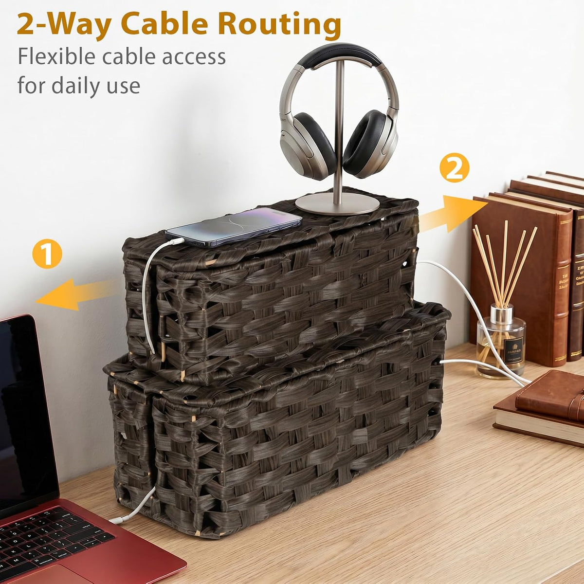 2 Pack Handwoven Cable Management Box with Lid, Decorative Cord Organizer for Power Strips, Chargers, TV Wires, Desk, Home & Office Storage, Plastic Rattan Strap