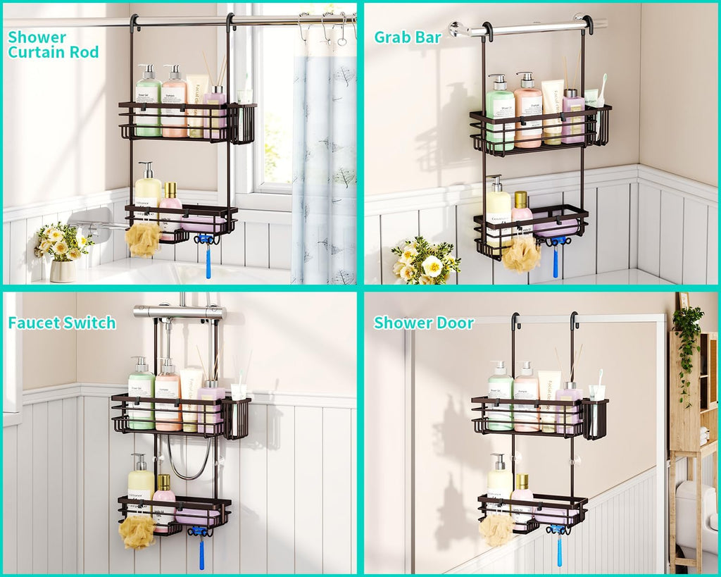 HapiRm Hanging Shower Caddy Organizer - No Drilling Shower Shelves with Hooks and Toothbrush Holder, Rustproof 304 Stainless Steel Bathroom Organizer - Bronze