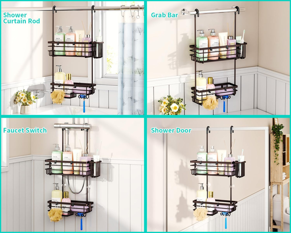 HapiRm Hanging Shower Caddy Organizer - No Drilling Shower Shelves with Hooks and Toothbrush Holder, Rustproof 304 Stainless Steel Bathroom Organizer - Bronze