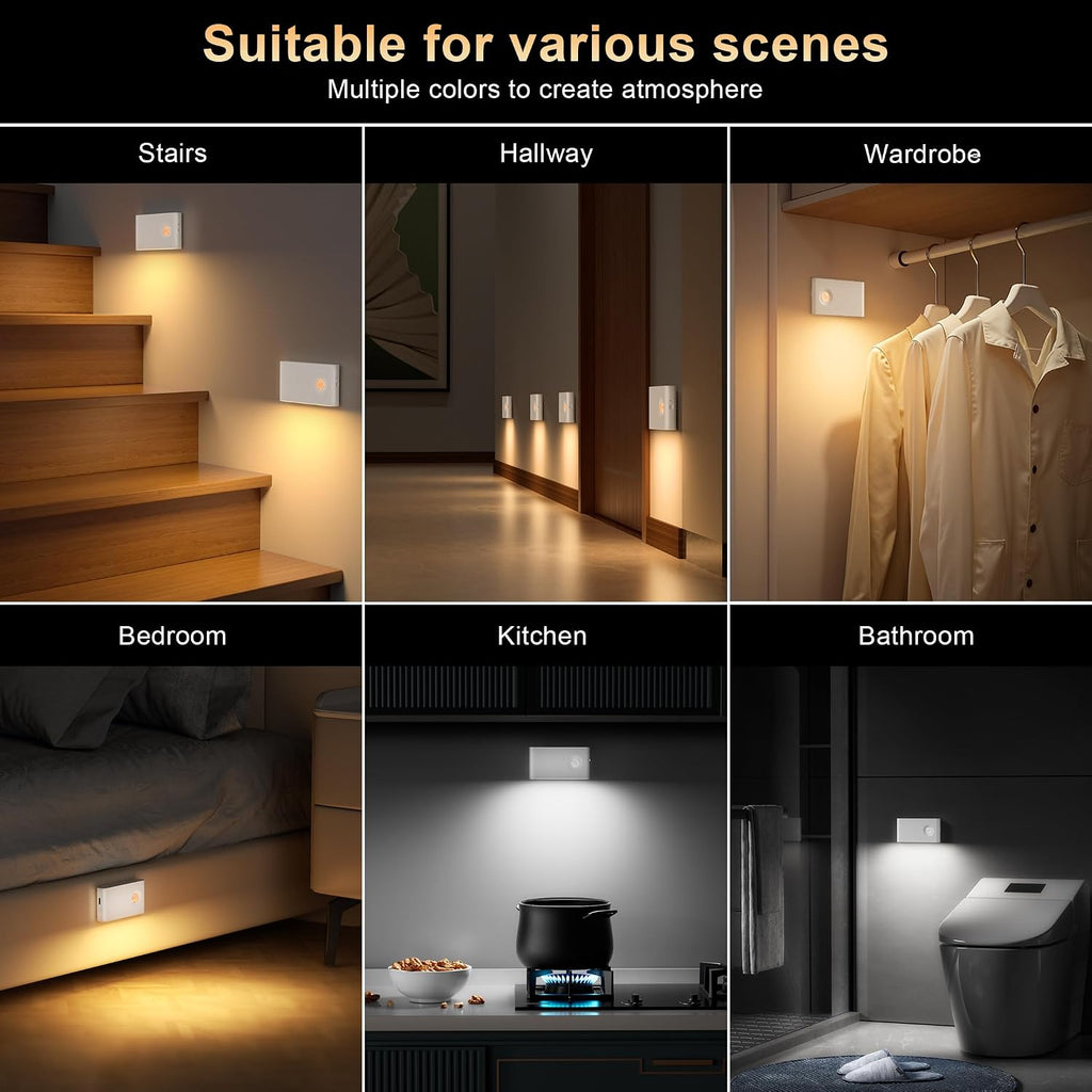 YiaMia Stair Lights Motion Sensor Indoor, 6-Pack Rechargeable Night Lights with 3 Color Modes, Wireless Under Cabinet Lighting for Stairs, Hallway, Kitchen, Bathroom