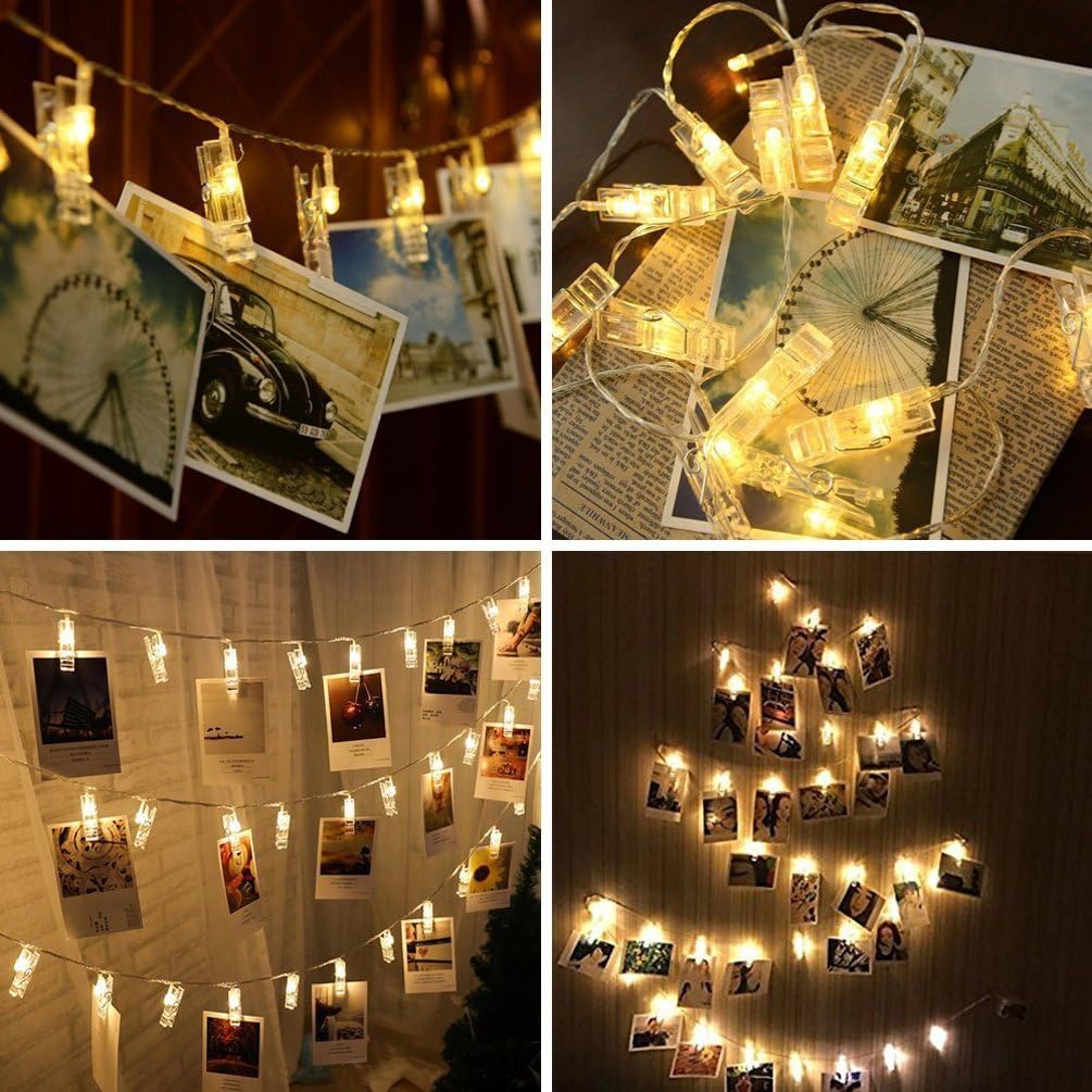 Decute 50LED Photo Clips String Lights Holder Timer Function 8 Modes Dimmable with Remote, 17FT Fairy Starry Lights for Christmas Card Bedroom Wedding Party Hanging Photos Pictures Memos, Warm White
