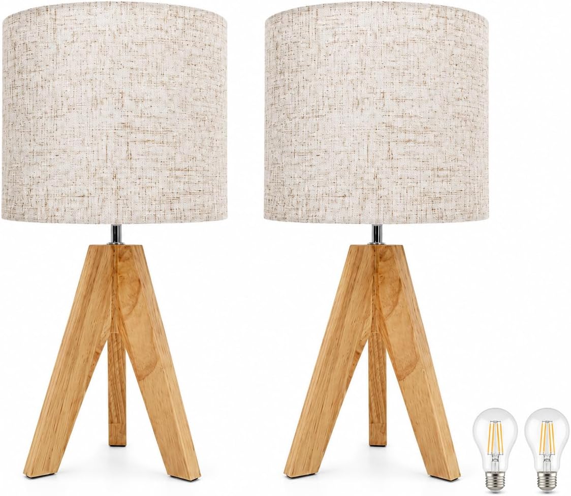 Tripod Table Lamp Small: 2 Pack Wooden Nightstand Lamp with E26 Socket