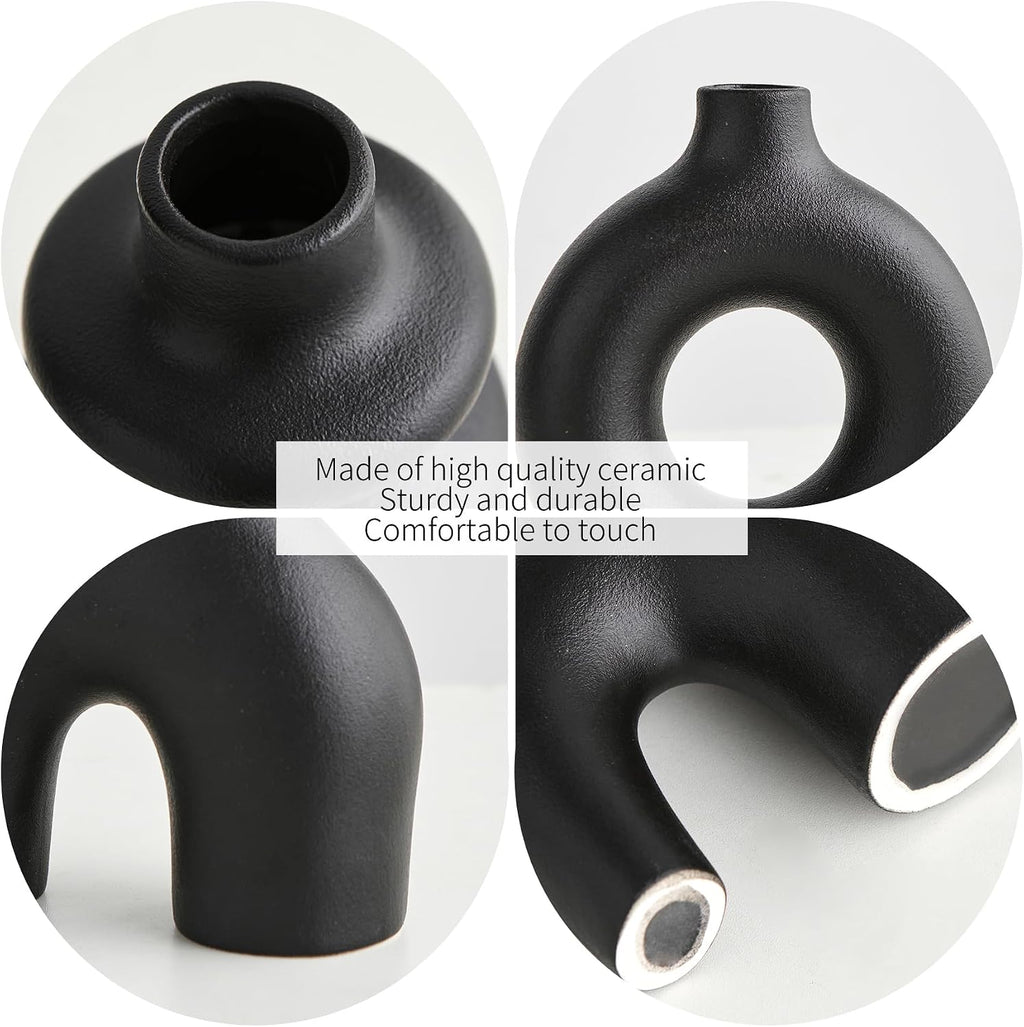 Black Ceramic Vase Set of 3, Small Flower Vases for Pampas Grass, Modern Boho Vase for Decor, Round Black Vases Centerpieces for Wedding Living Room Bedroom Coffee Table Entryway