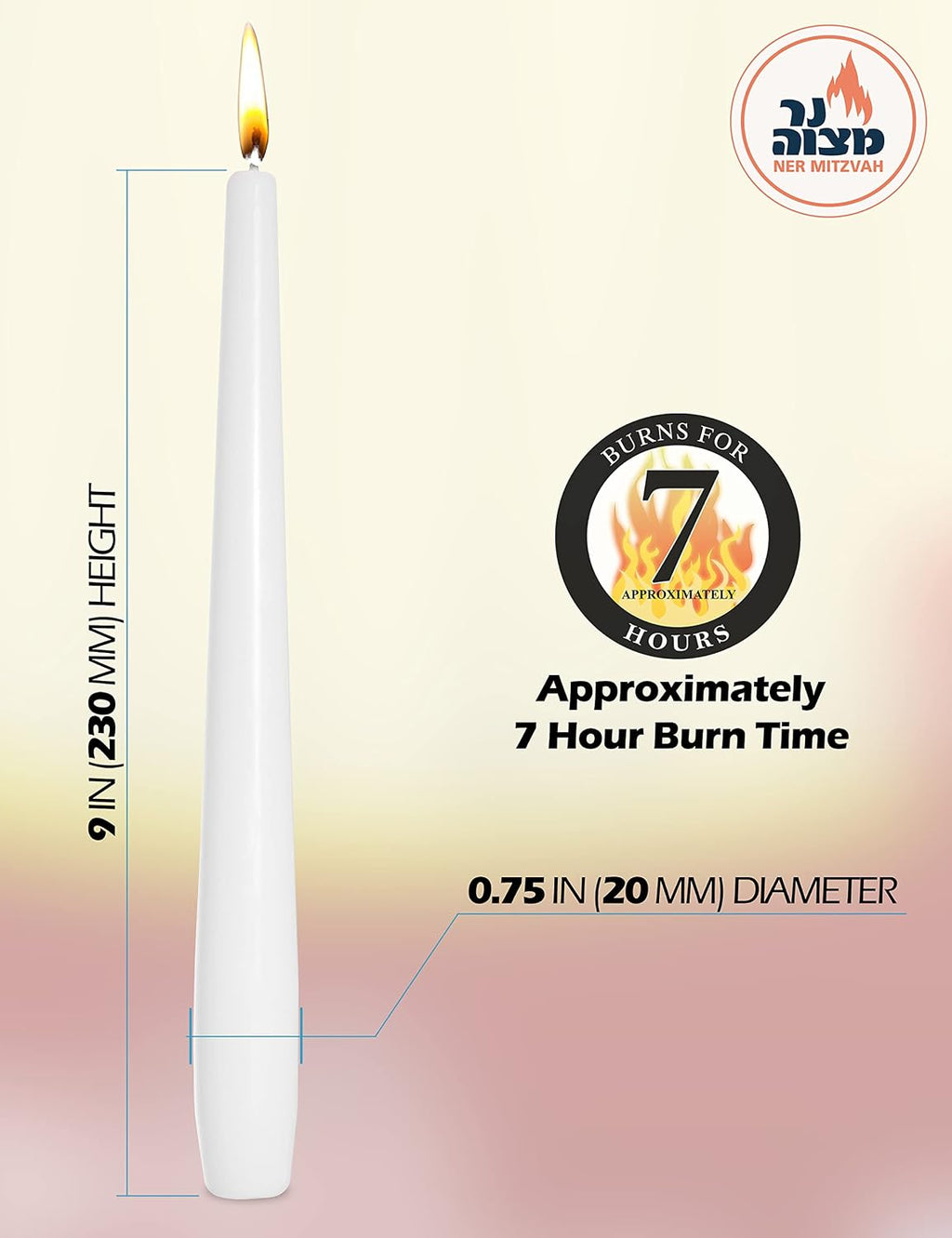 Ner Mitzvah Classic 8 Inch Taper Candles for Shabbat, Dinner Tables, Restaurants, Ceremonies and Emergency, 7 Hour Burn Time - White (Pack of 30)