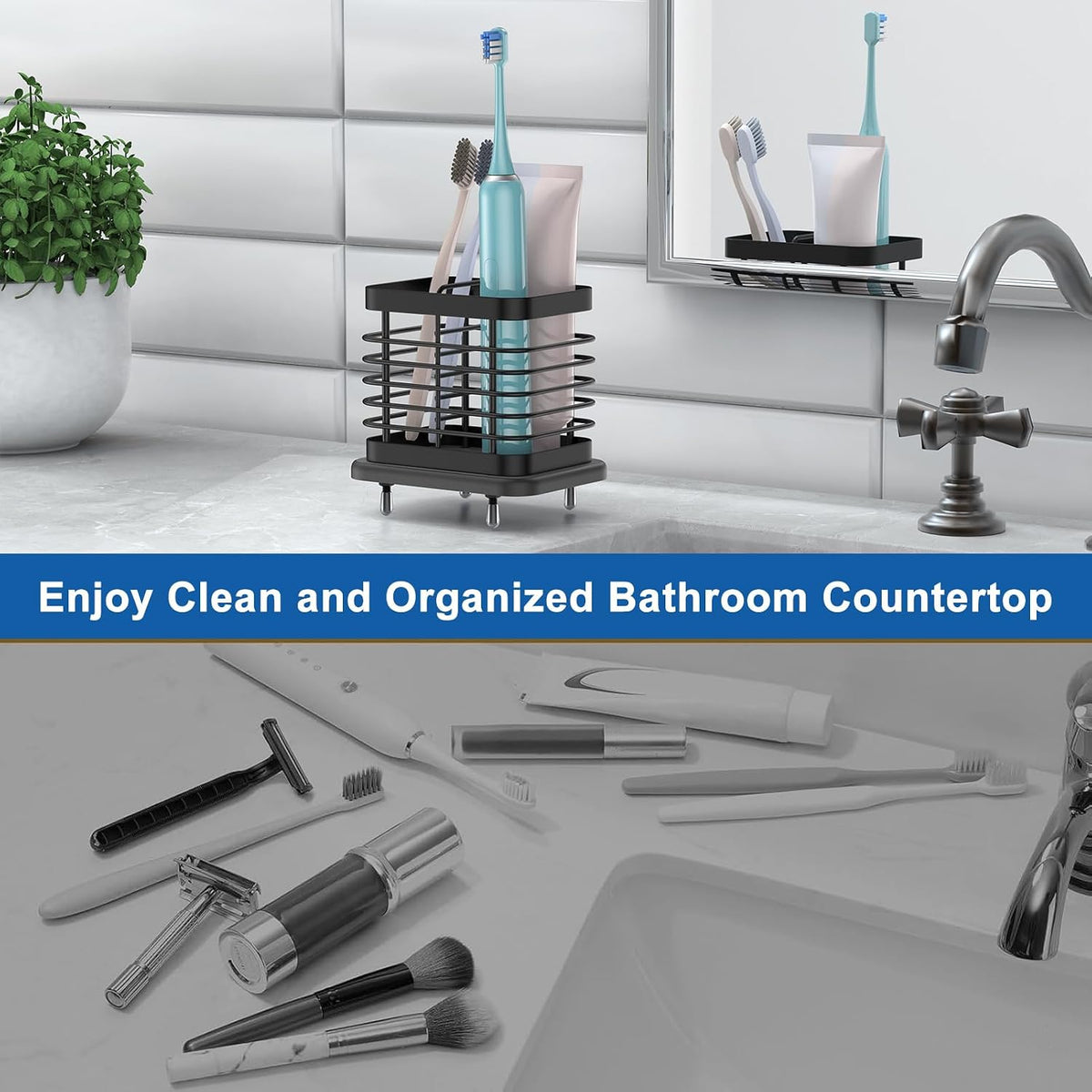 Toothbrush Holders for Bathroom, Adhesive Electric Toothbrush Holder with Fast Dry Tray Wall Mounted Toothbrush Holder Shower Toothpaste Bathroom Organizer Essentials, 2 Slots, Black