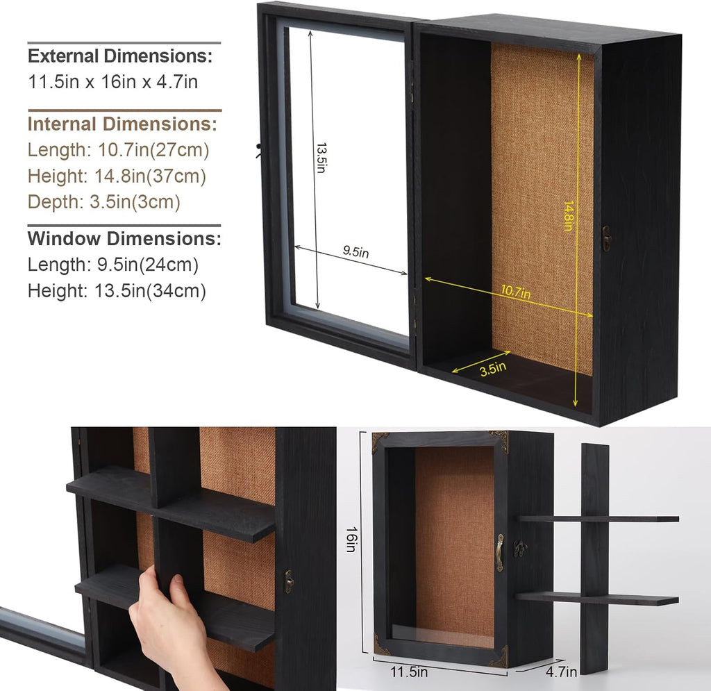 Shadow Box Frame 12x16 with Glass Door, 4.7" Overall Depth Black Solid Wood Display Case with Removable 6-Grid Shelves, Vintage Metal Corner Guards, Handle & Lock, Extra Deep Shadow Box for Medals