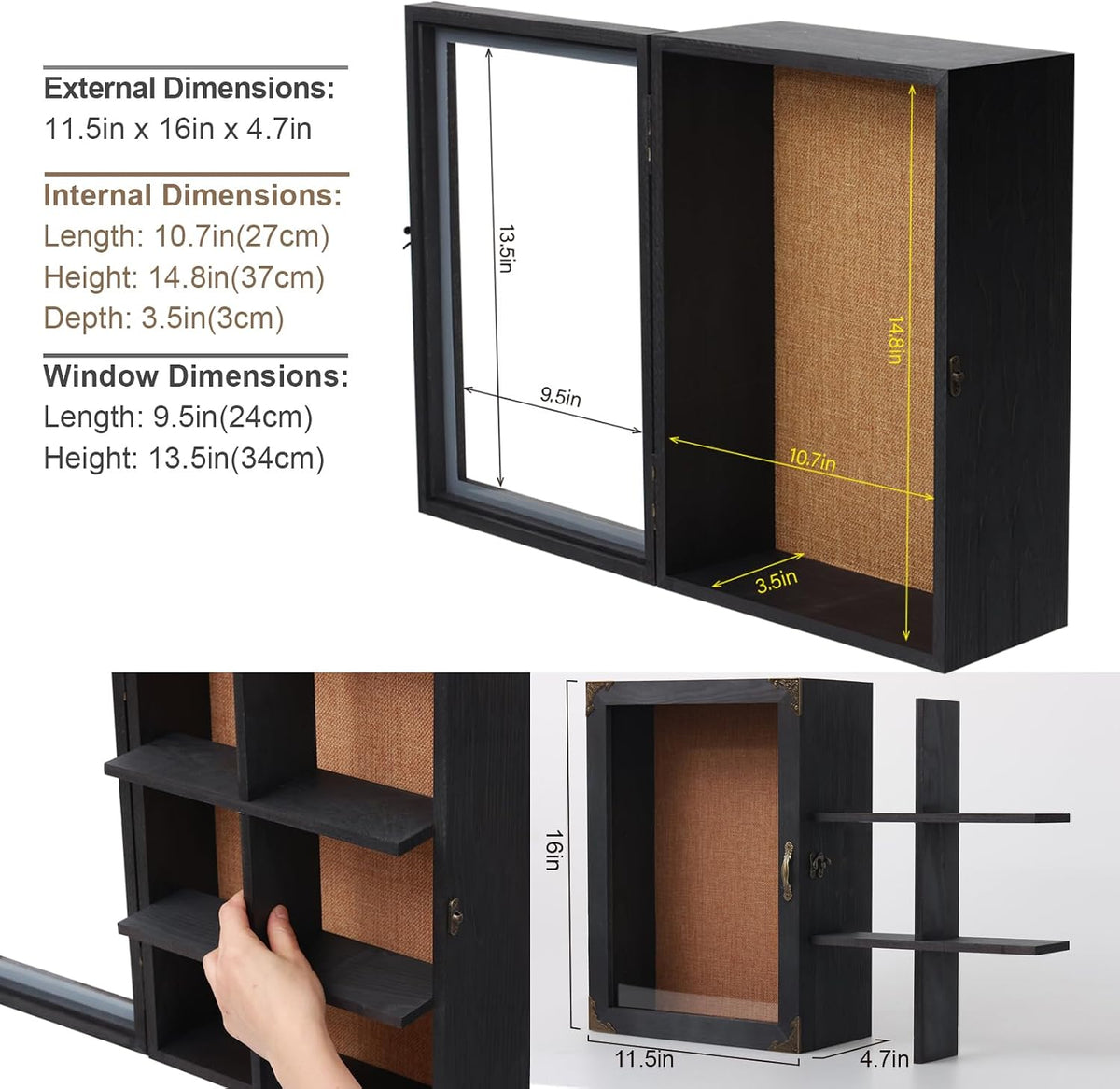 Shadow Box Frame 12x16 with Glass Door, 4.7" Overall Depth Black Solid Wood Display Case with Removable 6-Grid Shelves, Vintage Metal Corner Guards, Handle & Lock, Extra Deep Shadow Box for Medals