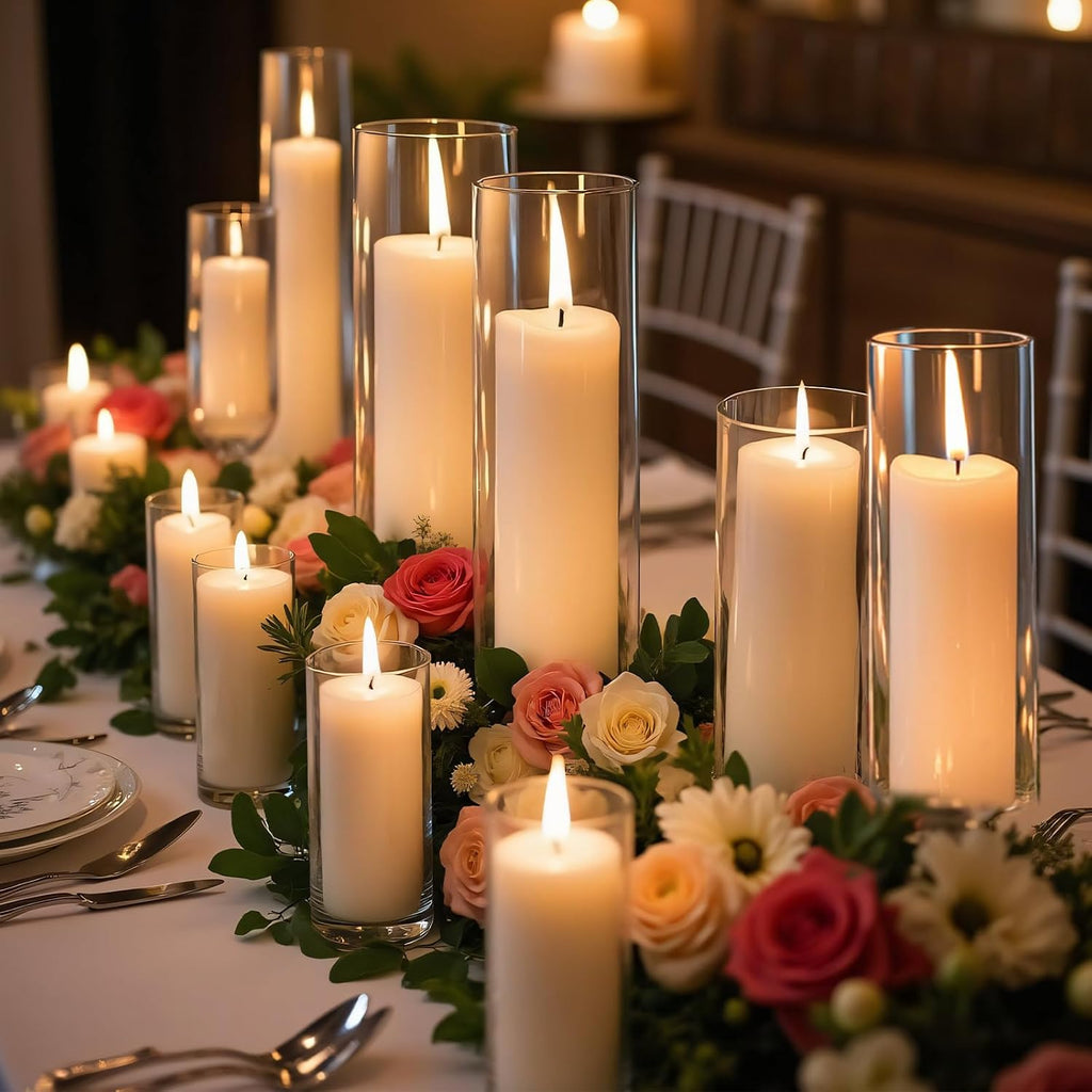 Homjoy 24 PCS Ivory White Pillar Candles with Glass Candle Holders Clear Hurricane Candle Holders Glass Cylinder Vases for Centerpieces Wedding Party, Event, Home Office (12 Candles+12 Candle Hoders)
