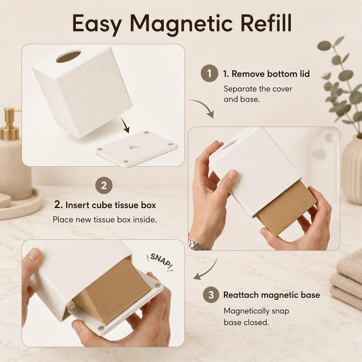 Ivory Tissue Box Cover, Square Decorative Holder with Magnetic Base