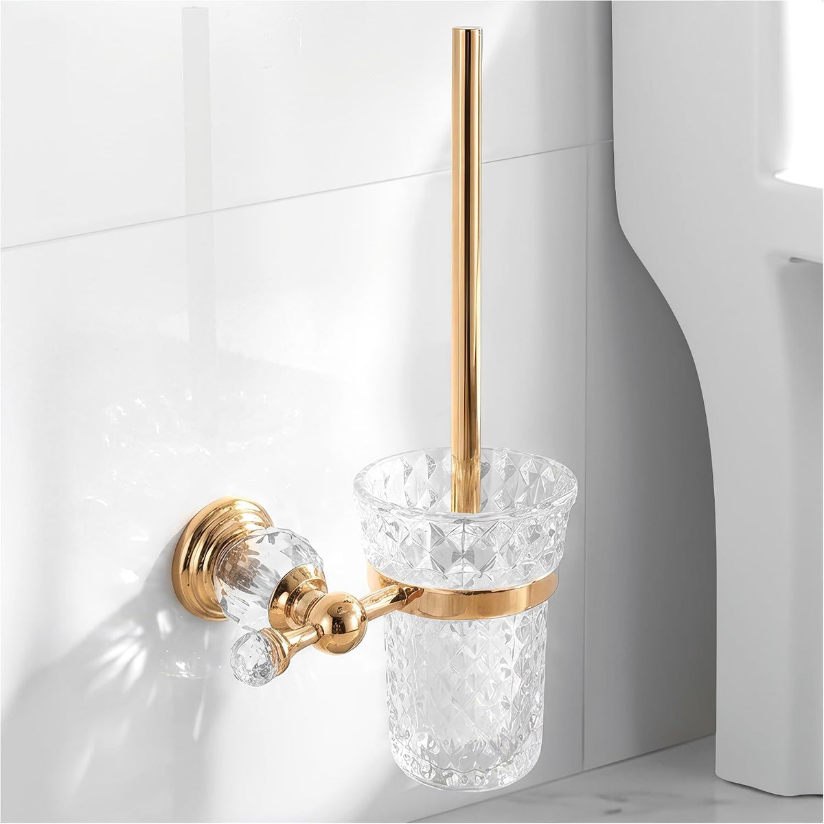 Wall Mounted Toilet Brush and Holder Set, Clear Bowl, 14 in (Gold Crystal)