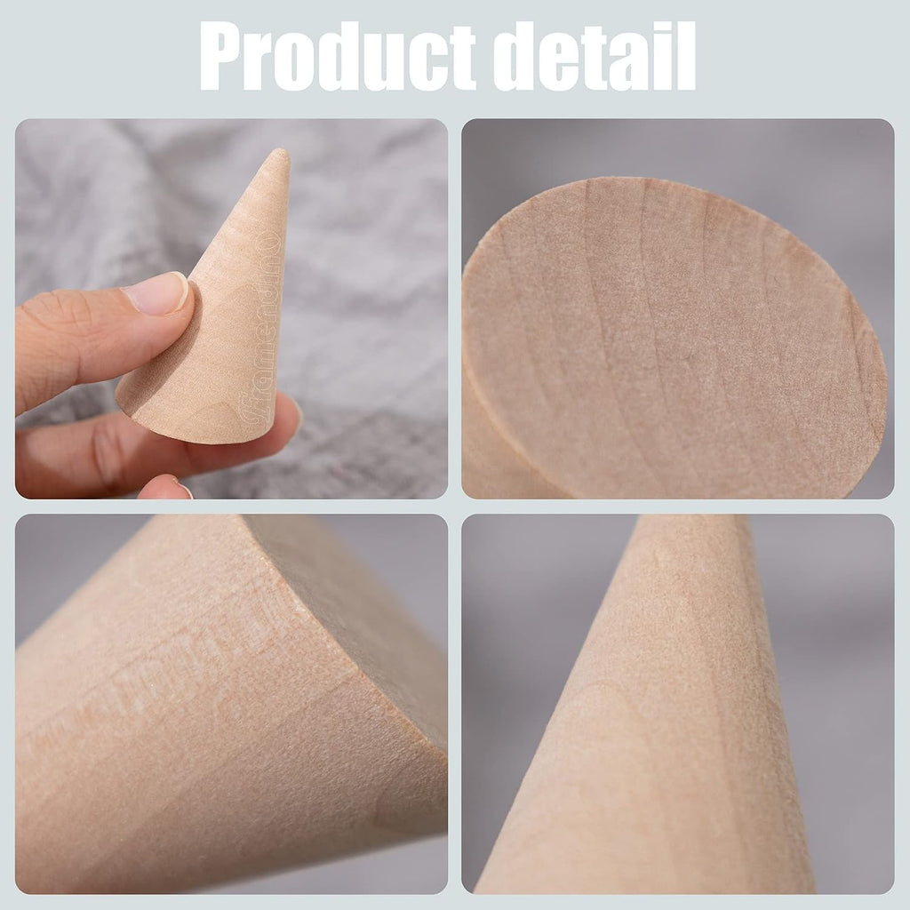 Framendino, 10 Pack Natural Wood Cone Ring Holder Finger Jewelry Display Stand Organizer for DIY Craft (Tilted Shaped)