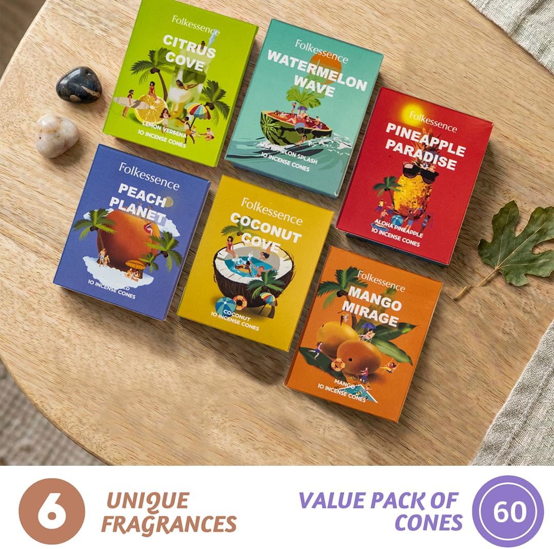 Folkulture Fruit Incense Cones Citrus, Mango, Coconut -Set of 6 (60 Cones)