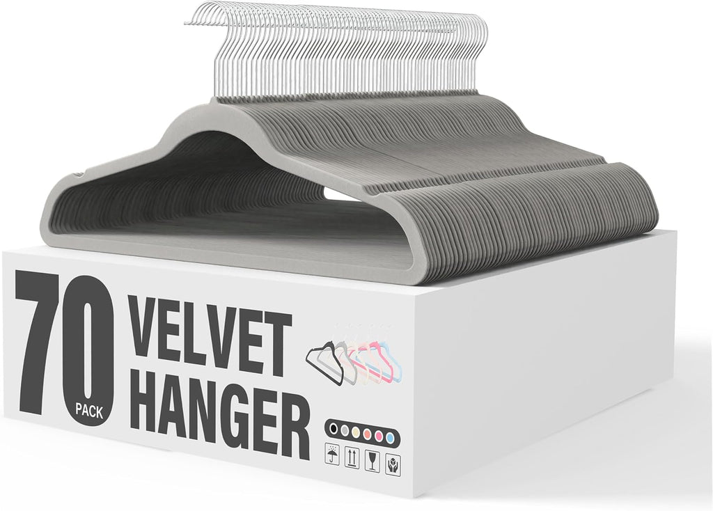 YSSOA Velvet Hangers 70 Pack, Non-Slip Clothes Hangers with Shoulder Notches, 360° Swivel Hooks, Heavy Duty Standard Hanger for Closet Space Saving, Grey