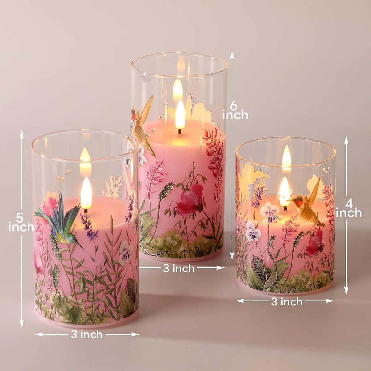 Pink Hummingbird Floral Glass LED Candles with Remote Set of 3