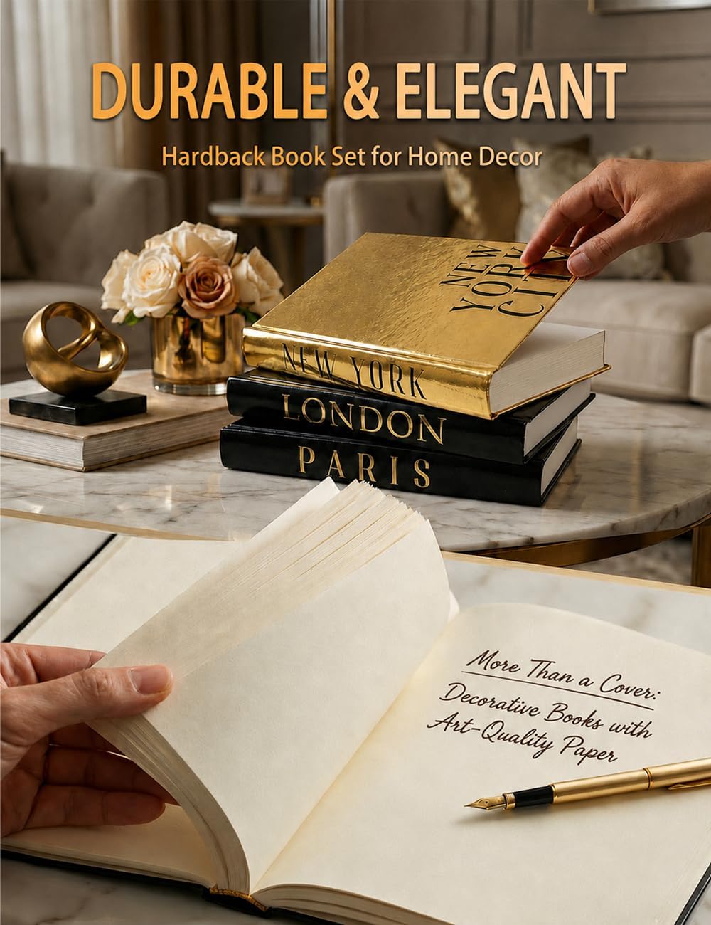 Decorative Books for Home Decor & Coffee Table Book Decor - Set of 3 Real Hardcover Decorative Books (Paris, London, New York) with Gold Ceramic Birds - Modern Shelf Decoration