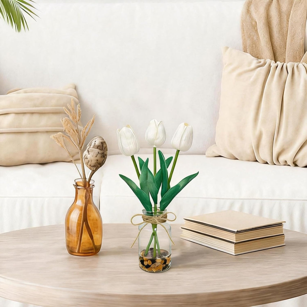 2 Packs Artificial Tulips Flowers in Glass Vase with Faux Water Stone,White