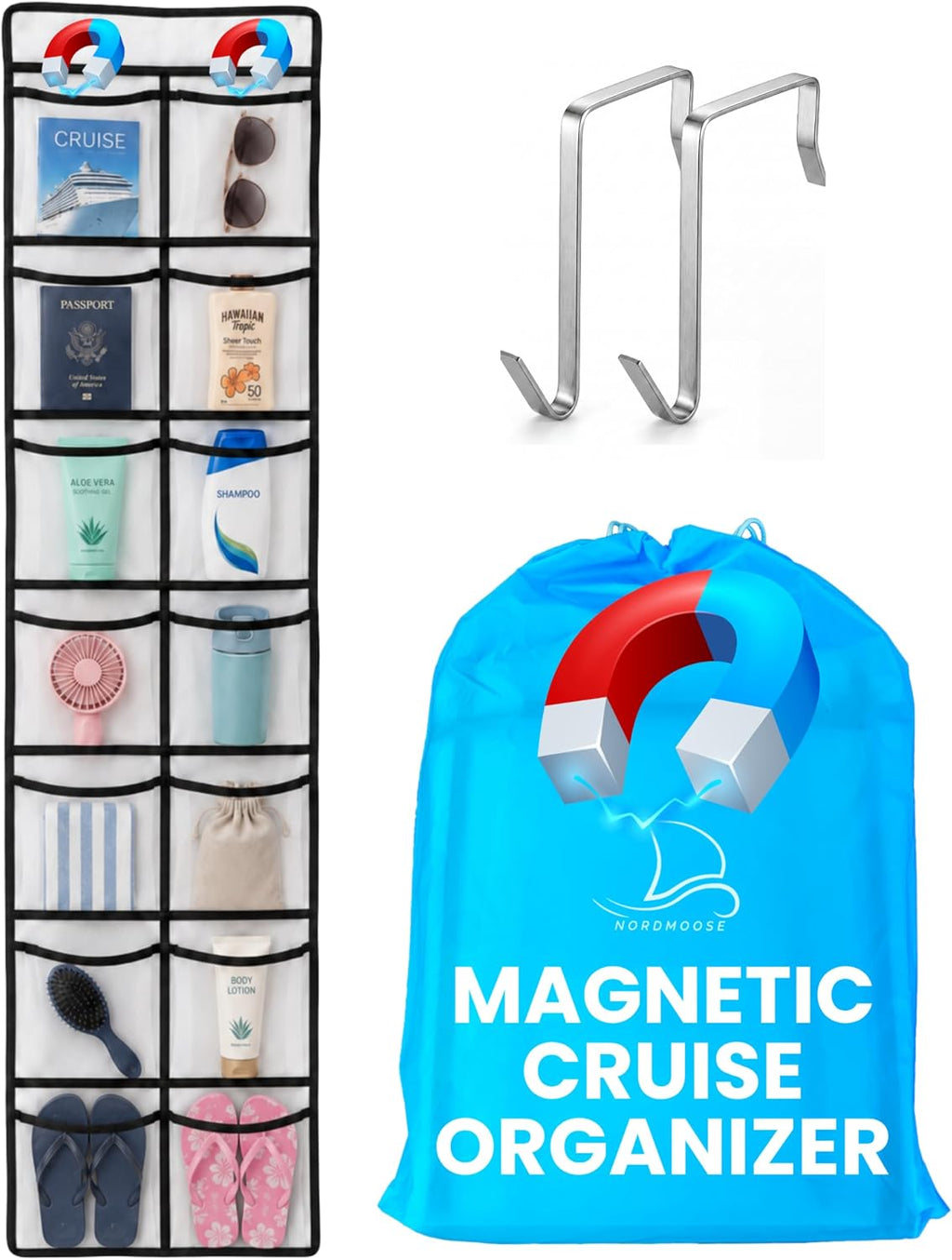 Magnetic Cruise Organizer 14 Pockets, 61" x 11,4" With Pocket Size 7" x 5,3" - Over The Door Organizer For Cruise Ships, Magnetic + Hook Mount, Large Durable Pockets for Cruise Essentials 2026