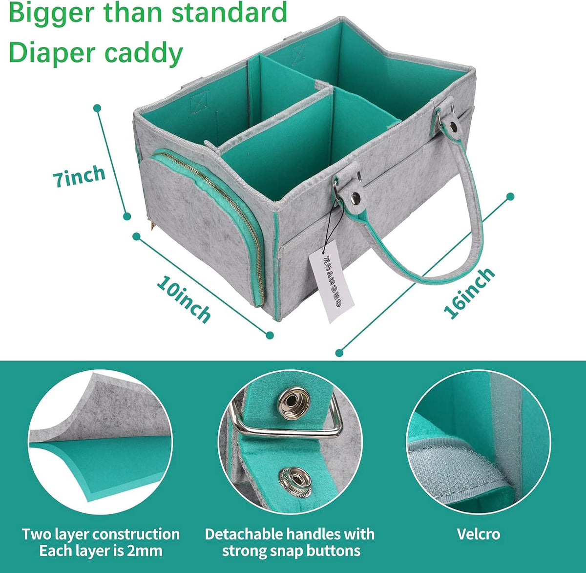 XUANGUO Large Baby Diaper Caddy Organizer, Felt Basket with Handles, Green
