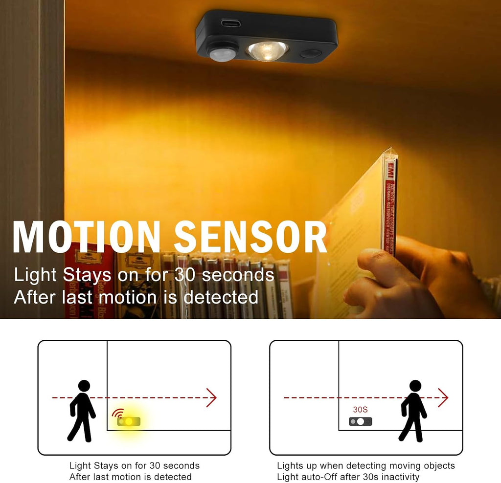 Black Motion Sensor Night Light, Wireless Rechargeable Puck Lights for Cabinet, Dimmable Stick on LED Closet Lights, Warm White Motion Sensor Light Indoor(4 Pack)